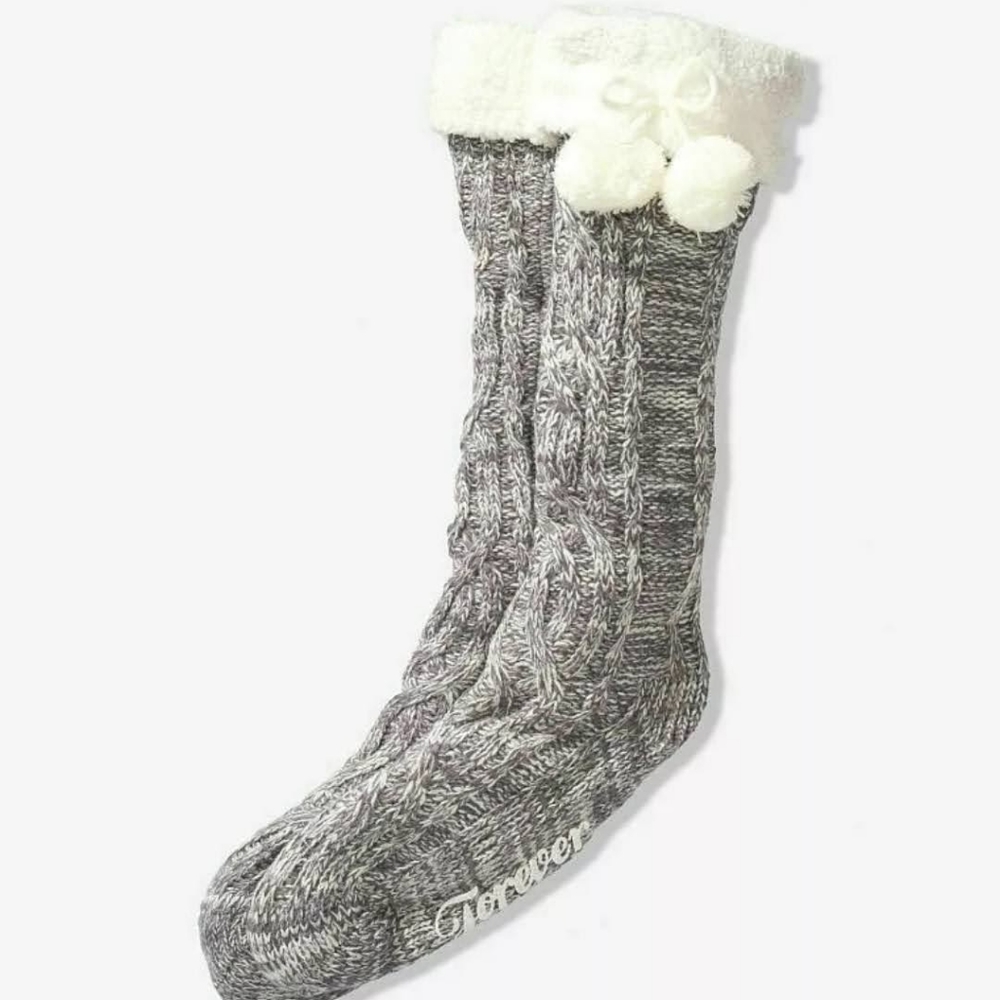 NWT VICTORIA'S SECRET PINK KNEE HIGH CABLE KNIT SHERPA SLIPPER SOCKS W\ POM POMS